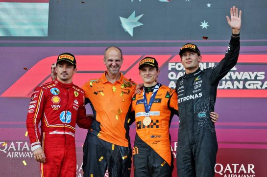 The podium (L to R): Charles Leclerc (MON) Ferrari, second; Tom Stallard (GBR) McLaren Race Engineer; Oscar Piastri (AUS) McLaren, race winner; George Russell (GBR) Mercedes AMG F1, third.
15.09.2024. Formula 1 World Championship, Rd 17, Azerbaijan Grand Prix, Baku Street Circuit, Azerbaijan, Race Day.
- www.xpbimages.com, EMail: requests@xpbimages.com © Copyright: Batchelor / XPB Images