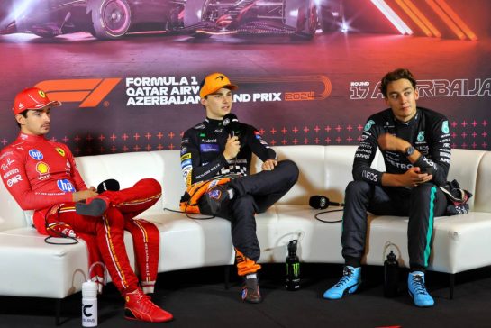 (L to R): Charles Leclerc (MON) Ferrari; Oscar Piastri (AUS) McLaren; and George Russell (GBR) Mercedes AMG F1 in the post race FIA Press Conference.
15.09.2024. Formula 1 World Championship, Rd 17, Azerbaijan Grand Prix, Baku Street Circuit, Azerbaijan, Race Day.
- www.xpbimages.com, EMail: requests@xpbimages.com © Copyright: Batchelor / XPB Images