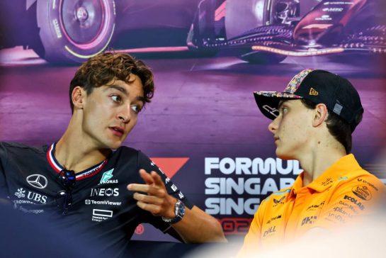 (L to R): George Russell (GBR) Mercedes AMG F1 and Oscar Piastri (AUS) McLaren in the FIA Press Conference.
19.09.2024. Formula 1 World Championship, Rd 18, Singapore Grand Prix, Marina Bay Street Circuit, Singapore, Preparation Day.
- www.xpbimages.com, EMail: requests@xpbimages.com © Copyright: Charniaux / XPB Images