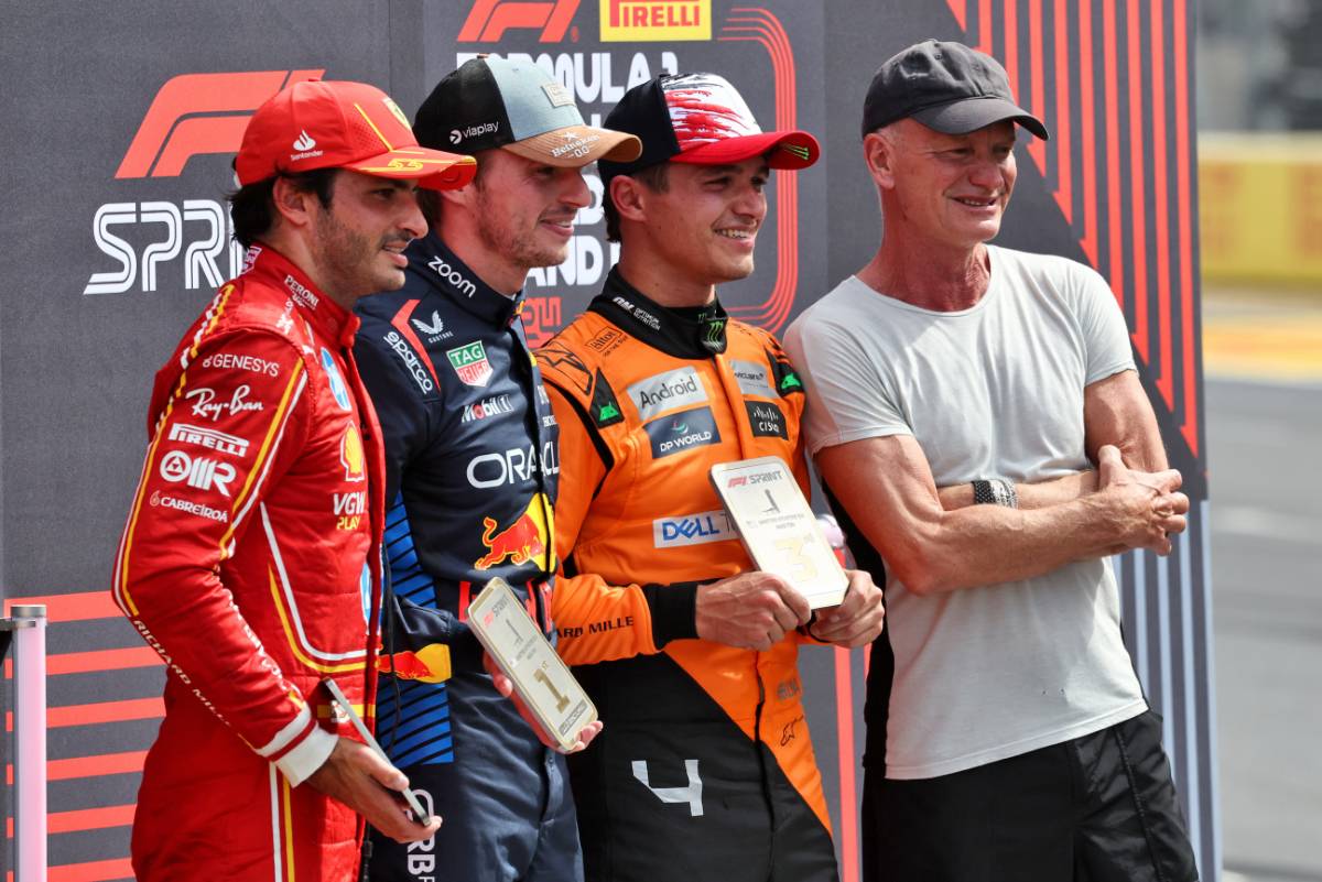 Sprint top three in parc ferme (L to R): Lando Norris (GBR) McLaren, third; Max Verstappen (NLD) Red Bull Racing, winner; Carlos Sainz Jr (ESP) Ferrari, second; Sting (GBR) Musician.
19.10.2024. Formula 1 World Championship, Rd 19, United States Grand Prix, Austin, Texas, USA, Sprint and Qualifying Day.
- www.xpbimages.com, EMail: requests@xpbimages.com © Copyright: Moy / XPB Images