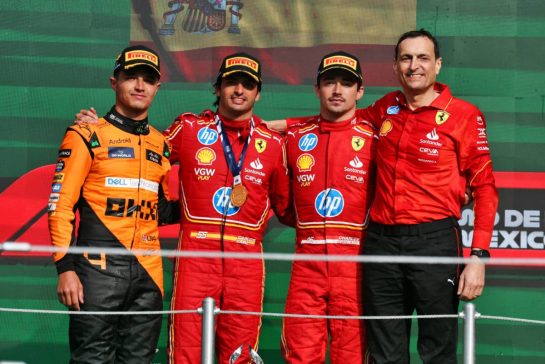 The podium (L to R): Lando Norris (GBR) McLaren, second; Carlos Sainz Jr (ESP) Ferrari, race winner; Charles Leclerc (MON) Ferrari, third; Riccardo Adami (ITA) Ferrari Race Engineer.
27.10.2024. Formula 1 World Championship, Rd 20, Mexican Grand Prix, Mexico City, Mexico, Race Day.
- www.xpbimages.com, EMail: requests@xpbimages.com © Copyright: Moy / XPB Images