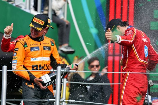 (L to R): Lando Norris (GBR) McLaren celebrates his second position on the podium with race winner Carlos Sainz Jr (ESP) Ferrari.
27.10.2024. Formula 1 World Championship, Rd 20, Mexican Grand Prix, Mexico City, Mexico, Race Day.
- www.xpbimages.com, EMail: requests@xpbimages.com © Copyright: Bearne / XPB Images