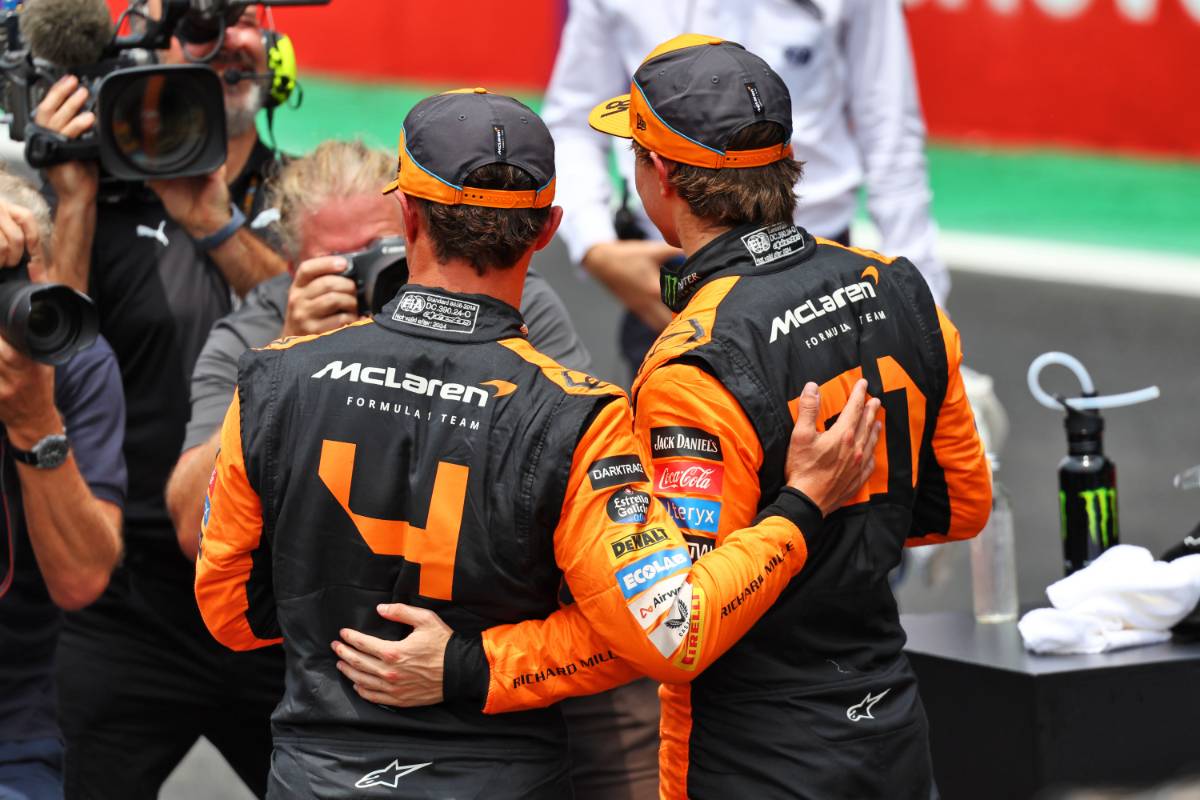 (L to R): Sprint winner Lando Norris (GBR) McLaren celebrates with second placed Oscar Piastri (AUS) McLaren in parc ferme. 02.11.2024. Formula 1 World Championship, Rd 21, Brazilian Grand Prix, Sao Paulo, Brazil, Sprint and Qualifying Day. - www.xpbimages.com, EMail: requests@xpbimages.com © Copyright: Batchelor / XPB Images