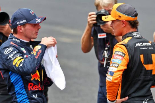(L to R): Max Verstappen (NLD) Red Bull Racing with Lando Norris (GBR) McLaren in Sprint parc ferme.
02.11.2024. Formula 1 World Championship, Rd 21, Brazilian Grand Prix, Sao Paulo, Brazil, Sprint and Qualifying Day.
- www.xpbimages.com, EMail: requests@xpbimages.com © Copyright: Batchelor / XPB Images