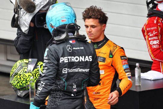 Pole sitter Lando Norris (GBR) McLaren (Right) in qualifying parc ferme with second placed George Russell (GBR) Mercedes AMG F1.
03.11.2024. Formula 1 World Championship, Rd 21, Brazilian Grand Prix, Sao Paulo, Brazil, Race Day.
- www.xpbimages.com, EMail: requests@xpbimages.com © Copyright: Batchelor / XPB Images