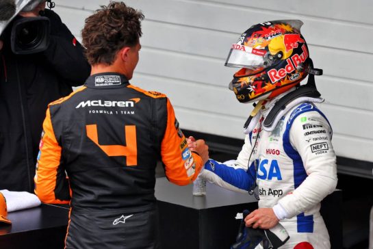 (L to R): Lando Norris (GBR) McLaren celebrates his pole position in qualifying parc ferme with third placed Yuki Tsunoda (JPN) RB.
03.11.2024. Formula 1 World Championship, Rd 21, Brazilian Grand Prix, Sao Paulo, Brazil, Race Day.
- www.xpbimages.com, EMail: requests@xpbimages.com © Copyright: Batchelor / XPB Images