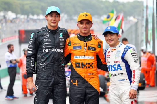 Qualifying top three in parc ferme (L to R): George Russell (GBR) Mercedes AMG F1, second; Lando Norris (GBR) McLaren, pole position; Yuki Tsunoda (JPN) RB, third.
03.11.2024. Formula 1 World Championship, Rd 21, Brazilian Grand Prix, Sao Paulo, Brazil, Race Day.
- www.xpbimages.com, EMail: requests@xpbimages.com © Copyright: Batchelor / XPB Images