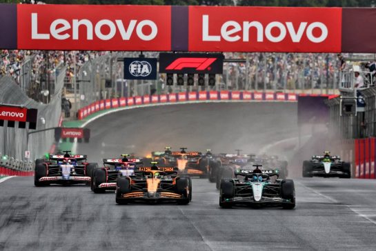 Lando Norris (GBR) McLaren MCL38 and George Russell (GBR) Mercedes AMG F1 W15 lead at the start of the race.
03.11.2024. Formula 1 World Championship, Rd 21, Brazilian Grand Prix, Sao Paulo, Brazil, Race Day.
- www.xpbimages.com, EMail: requests@xpbimages.com © Copyright: Charniaux / XPB Images