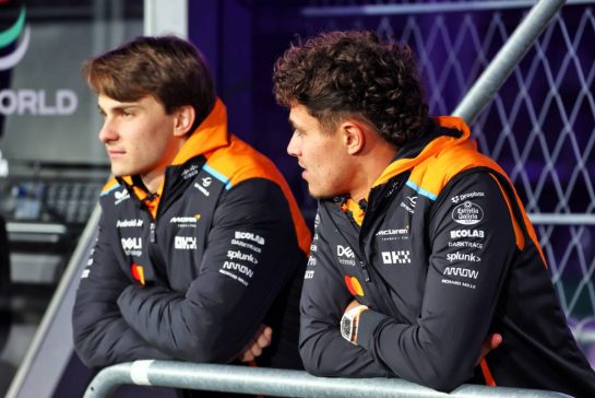 Lando Norris (GBR) McLaren with team mate Oscar Piastri (AUS) McLaren.
20.11.2024. Formula 1 World Championship, Rd 22, Las Vegas Grand Prix, Las Vegas, Nevada, USA, Preparation Day.
- www.xpbimages.com, EMail: requests@xpbimages.com © Copyright: Batchelor / XPB Images