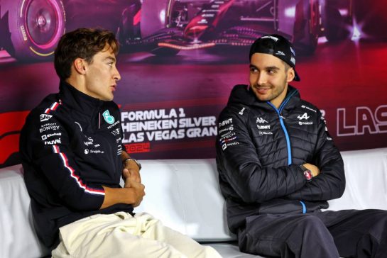 (L to R): George Russell (GBR) Mercedes AMG F1 and Esteban Ocon (FRA) Alpine F1 Team in the FIA Press Conference.
20.11.2024. Formula 1 World Championship, Rd 22, Las Vegas Grand Prix, Las Vegas, Nevada, USA, Preparation Day.
- www.xpbimages.com, EMail: requests@xpbimages.com © Copyright: Charniaux / XPB Images