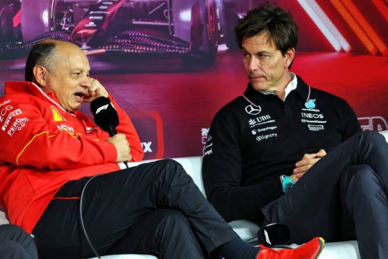 (L to R): Frederic Vasseur (FRA) Ferrari Team Principal and Toto Wolff (GER) Mercedes AMG F1 Shareholder and Executive Director in the FIA Press Conference.
21.11.2024. Formula 1 World Championship, Rd 22, Las Vegas Grand Prix, Las Vegas, Nevada, USA, Practice Day
- www.xpbimages.com, EMail: requests@xpbimages.com © Copyright: Charniaux / XPB Images