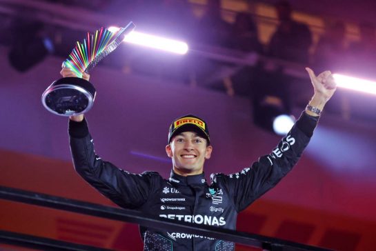 Race winner George Russell (GBR) Mercedes AMG F1 celebrates on the podium.
23.11.2024. Formula 1 World Championship, Rd 22, Las Vegas Grand Prix, Las Vegas, Nevada, USA, Race Day.
- www.xpbimages.com, EMail: requests@xpbimages.com © Copyright: Batchelor / XPB Images