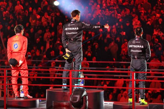 The podium: Lewis Hamilton (GBR) Mercedes AMG F1, second; George Russell (GBR) Mercedes AMG F1, race winner; Carlos Sainz Jr (ESP) Ferrari, third.
23.11.2024. Formula 1 World Championship, Rd 22, Las Vegas Grand Prix, Las Vegas, Nevada, USA, Race Day.
- www.xpbimages.com, EMail: requests@xpbimages.com © Copyright: Charniaux / XPB Images