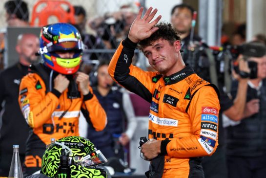 Lando Norris (GBR) McLaren celebrates his second position in Sprint parc ferme.
30.11.2024. Formula 1 World Championship, Rd 23, Qatar Grand Prix, Doha, Qatar, Sprint and Qualifying Day.
- www.xpbimages.com, EMail: requests@xpbimages.com © Copyright: Moy / XPB Images