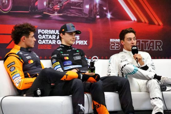 (L to R): Lando Norris (GBR) McLaren; Oscar Piastri (AUS) McLaren; and George Russell (GBR) Mercedes AMG F1, in the post Sprint FIA Press Conference.
30.11.2024. Formula 1 World Championship, Rd 23, Qatar Grand Prix, Doha, Qatar, Sprint and Qualifying Day.
- www.xpbimages.com, EMail: requests@xpbimages.com © Copyright: Charniaux / XPB Images