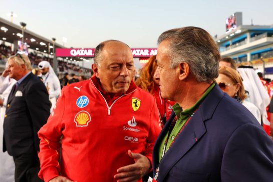 (L to R): Frederic Vasseur (FRA) Ferrari Team Principal with Jean Alesi (FRA) on the grid.
30.11.2024. Formula 1 World Championship, Rd 23, Qatar Grand Prix, Doha, Qatar, Sprint and Qualifying Day.
- www.xpbimages.com, EMail: requests@xpbimages.com © Copyright: Coates / XPB Images