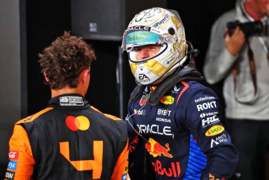 Pole sitter Max Verstappen (NLD) Red Bull Racing in qualifying parc ferme with Lando Norris (GBR) McLaren.
30.11.2024. Formula 1 World Championship, Rd 23, Qatar Grand Prix, Doha, Qatar, Sprint and Qualifying Day.
- www.xpbimages.com, EMail: requests@xpbimages.com © Copyright: Charniaux / XPB Images