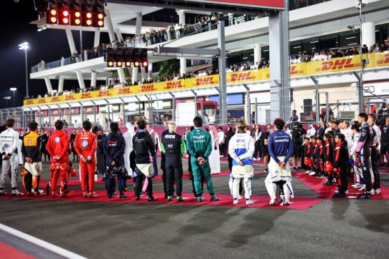 Drivers as the grid observes the national anthem.
01.12.2024. Formula 1 World Championship, Rd 23, Qatar Grand Prix, Doha, Qatar, Race Day.
- www.xpbimages.com, EMail: requests@xpbimages.com © Copyright: Staley / XPB Images