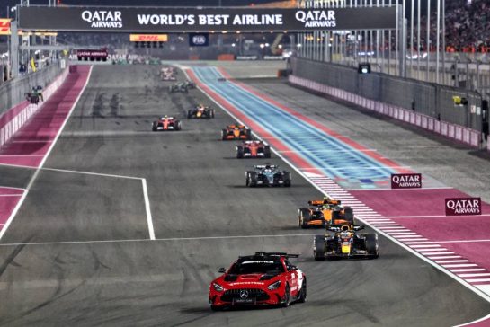 Max Verstappen (NLD) Red Bull Racing RB20 leads behind the Mercedes FIA Safety Car.
01.12.2024. Formula 1 World Championship, Rd 23, Qatar Grand Prix, Doha, Qatar, Race Day.
- www.xpbimages.com, EMail: requests@xpbimages.com © Copyright: Charniaux / XPB Images
