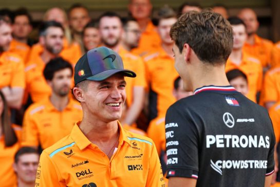 (L to R): Lando Norris (GBR) McLaren with George Russell (GBR) Mercedes AMG F1 at a team photograph.
05.12.2024. Formula 1 World Championship, Rd 24, Abu Dhabi Grand Prix, Yas Marina Circuit, Abu Dhabi, Preparation Day.
- www.xpbimages.com, EMail: requests@xpbimages.com © Copyright: Batchelor / XPB Images