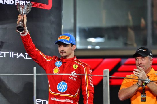 Charles Leclerc (MON) Ferrari celebrates his third position on the podium.
08.12.2024. Formula 1 World Championship, Rd 24, Abu Dhabi Grand Prix, Yas Marina Circuit, Abu Dhabi, Race Day.
- www.xpbimages.com, EMail: requests@xpbimages.com © Copyright: Batchelor / XPB Images