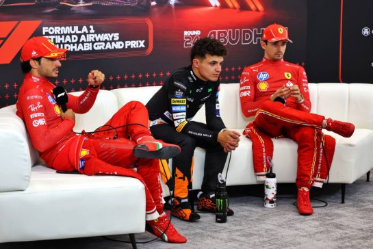(L to R): Carlos Sainz Jr (ESP) Ferrari; Lando Norris (GBR) McLaren; and Charles Leclerc (MON) Ferrari, in the post race FIA Press Conference.
08.12.2024. Formula 1 World Championship, Rd 24, Abu Dhabi Grand Prix, Yas Marina Circuit, Abu Dhabi, Race Day.
- www.xpbimages.com, EMail: requests@xpbimages.com © Copyright: Batchelor / XPB Images