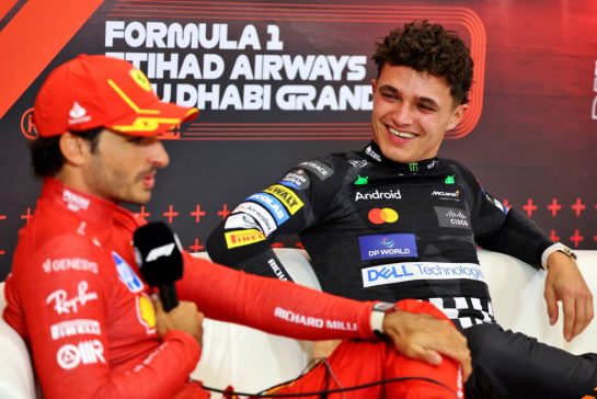 (L to R): Carlos Sainz Jr (ESP) Ferrari and Lando Norris (GBR) McLaren in the post race FIA Press Conference.
08.12.2024. Formula 1 World Championship, Rd 24, Abu Dhabi Grand Prix, Yas Marina Circuit, Abu Dhabi, Race Day.
- www.xpbimages.com, EMail: requests@xpbimages.com © Copyright: Batchelor / XPB Images