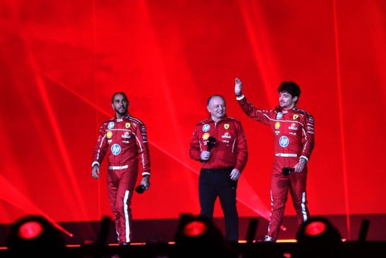 (L to R): Lewis Hamilton (GBR) Ferrari with Frederic Vasseur (FRA) Ferrari Team Principal and Charles Leclerc (MON) Ferrari.
18.02.2025. Formula One World Championship, F1 75 Live. O2 Arena, London, England.
- www.xpbimages.com, EMail: requests@xpbimages.com © Copyright: Batchelor / XPB Images