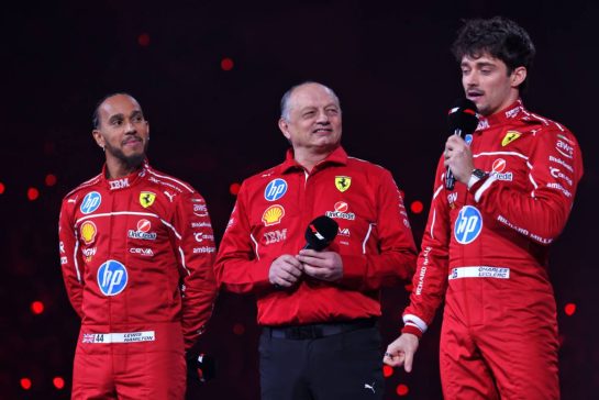 (L to R): Lewis Hamilton (GBR) Ferrari with Frederic Vasseur (FRA) Ferrari Team Principal and Charles Leclerc (MON) Ferrari.
18.02.2025. Formula One World Championship, F1 75 Live. O2 Arena, London, England.
- www.xpbimages.com, EMail: requests@xpbimages.com © Copyright: Batchelor / XPB Images