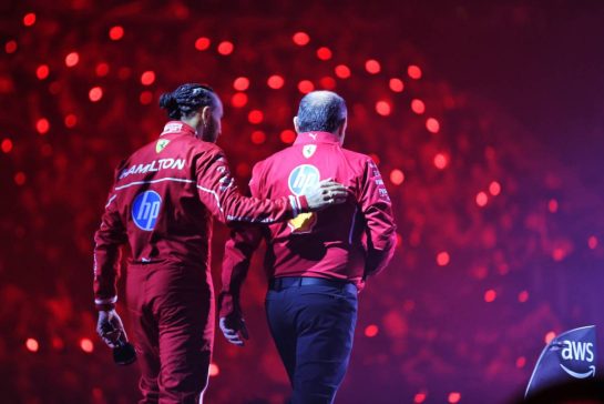 (L to R): Lewis Hamilton (GBR) Ferrari and Frederic Vasseur (FRA) Ferrari Team Principal.
18.02.2025. Formula One World Championship, F1 75 Live. O2 Arena, London, England.
- www.xpbimages.com, EMail: requests@xpbimages.com © Copyright: Batchelor / XPB Images