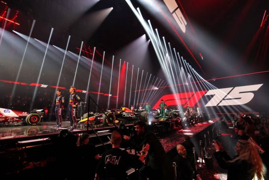 Liam Lawson (NZL) Red Bull Racing and Max Verstappen (NLD) Red Bull Racing.
18.02.2025. Formula One World Championship, F1 75 Live. O2 Arena, London, England.
- www.xpbimages.com, EMail: requests@xpbimages.com © Copyright: Batchelor / XPB Images