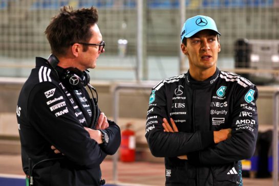 (L to R): Andrew Shovlin (GBR) Mercedes AMG F1 Trackside Engineering Director with George Russell (GBR) Mercedes AMG F1.
26.02.2025. Formula 1 Testing, Sakhir, Bahrain, Day One.
- www.xpbimages.com, EMail: requests@xpbimages.com © Copyright: Batchelor / XPB Images