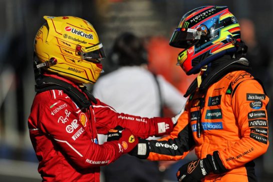 (L to R): Lewis Hamilton (GBR) Ferrari celebrates his pole position in Sprint Qualifying parc ferme with Oscar Piastri (AUS) McLaren.
21.03.2025. Formula 1 World Championship, Rd 2, Chinese Grand Prix, Shanghai, China, Sprint Qualifying Day.
- www.xpbimages.com, EMail: requests@xpbimages.com © Copyright: Charniaux / XPB Images