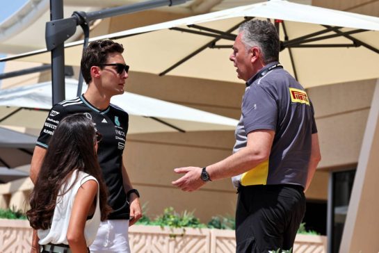 George Russell (GBR) Mercedes AMG F1 with his girlfriend Carmen Montero Mundt and Mario Isola (ITA) Pirelli Racing Manager (Right).
12.04.2025. Formula 1 World Championship, Rd 4, Bahrain Grand Prix, Sakhir, Bahrain, Qualifying Day.
- www.xpbimages.com, EMail: requests@xpbimages.com © Copyright: Moy / XPB Images