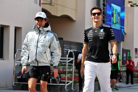 (L to R): Andrea Kimi Antonelli (ITA) Mercedes AMG F1 with his team mate George Russell (GBR) Mercedes AMG F1.
12.04.2025. Formula 1 World Championship, Rd 4, Bahrain Grand Prix, Sakhir, Bahrain, Qualifying Day.
- www.xpbimages.com, EMail: requests@xpbimages.com © Copyright: Moy / XPB Images
