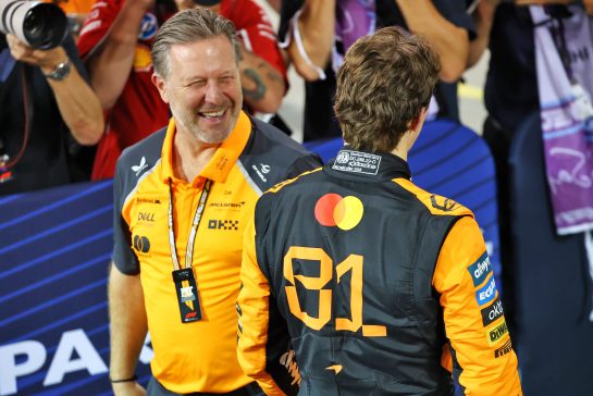 Oscar Piastri (AUS) McLaren celebrates his pole position in qualifying parc ferme with Zak Brown (USA) McLaren Executive Director.
12.04.2025. Formula 1 World Championship, Rd 4, Bahrain Grand Prix, Sakhir, Bahrain, Qualifying Day.
- www.xpbimages.com, EMail: requests@xpbimages.com © Copyright: Batchelor / XPB Images