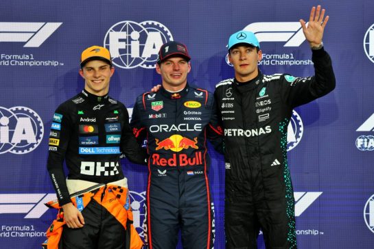 Qualifying top three in parc ferme (L to R): Oscar Piastri (AUS) McLaren, second; Max Verstappen (NLD) Red Bull Racing, pole position; George Russell (GBR) Mercedes AMG F1, third.
19.04.2025. Formula 1 World Championship, Rd 5, Saudi Arabian Grand Prix, Jeddah, Saudi Arabia, Qualifying Day.
- www.xpbimages.com, EMail: requests@xpbimages.com © Copyright: Batchelor / XPB Images