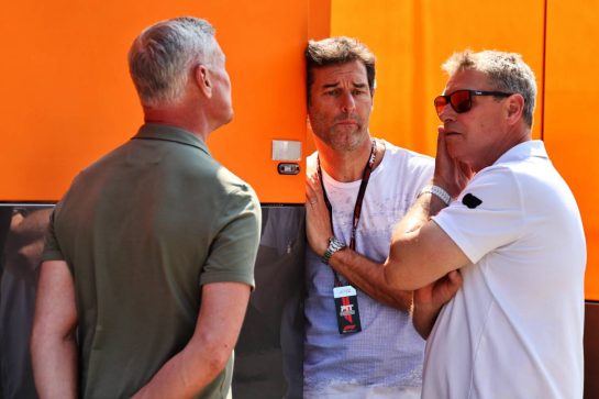 (L to R): David Coulthard (GBR) Channel 4 F1 Commentator with Mark Webber (AUS) Channel 4 Presenter / Driver Manager and Bernd Maylander (GER) FIA Safety Car Driver.
15.05.2025. Formula 1 World Championship, Rd 7, Emilia Romagna Grand Prix, Imola, Italy, Preparation Day.
- www.xpbimages.com, EMail: requests@xpbimages.com © Copyright: Moy / XPB Images