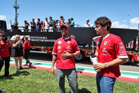 (L to R): Lewis Hamilton (GBR) Ferrari and Charles Leclerc (MON) Ferrari on the drivers' parade.
18.05.2025. Formula 1 World Championship, Rd 7, Emilia Romagna Grand Prix, Imola, Italy, Race Day.
- www.xpbimages.com, EMail: requests@xpbimages.com © Copyright: Moy / XPB Images