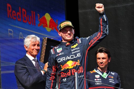 Race winner Max Verstappen (NLD) Red Bull Racing celebrates on the podium.
18.05.2025. Formula 1 World Championship, Rd 7, Emilia Romagna Grand Prix, Imola, Italy, Race Day.
- www.xpbimages.com, EMail: requests@xpbimages.com © Copyright: Batchelor / XPB Images
