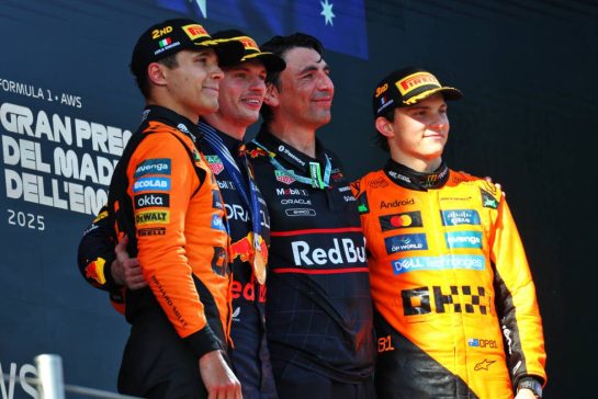 The podium (L to R): Lando Norris (GBR) McLaren, second; Max Verstappen (NLD) Red Bull Racing, race winner; Enrico Balbo, Red Bull Racing Head of Aerodynamics; Oscar Piastri (AUS) McLaren, third.
18.05.2025. Formula 1 World Championship, Rd 7, Emilia Romagna Grand Prix, Imola, Italy, Race Day.
- www.xpbimages.com, EMail: requests@xpbimages.com © Copyright: Batchelor / XPB Images