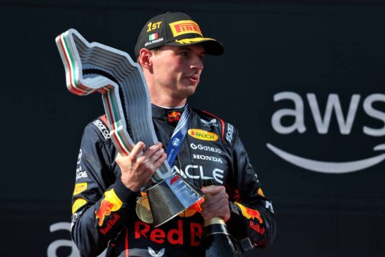 Race winner Max Verstappen (NLD) Red Bull Racing celebrates on the podium.
18.05.2025. Formula 1 World Championship, Rd 7, Emilia Romagna Grand Prix, Imola, Italy, Race Day.
- www.xpbimages.com, EMail: requests@xpbimages.com © Copyright: Charniaux / XPB Images