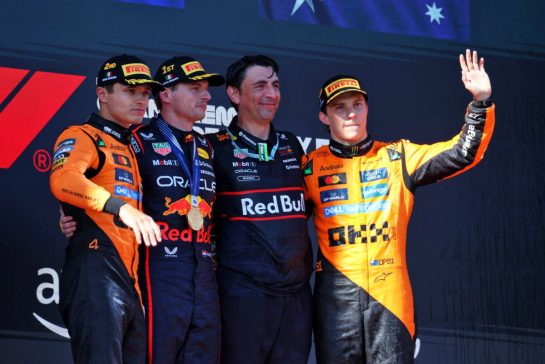 The podium (L to R): Lando Norris (GBR) McLaren, second; Max Verstappen (NLD) Red Bull Racing, race winner; Enrico Balbo, Red Bull Racing Head of Aerodynamics; Oscar Piastri (AUS) McLaren, third.
18.05.2025. Formula 1 World Championship, Rd 7, Emilia Romagna Grand Prix, Imola, Italy, Race Day.
- www.xpbimages.com, EMail: requests@xpbimages.com © Copyright: Moy / XPB Images