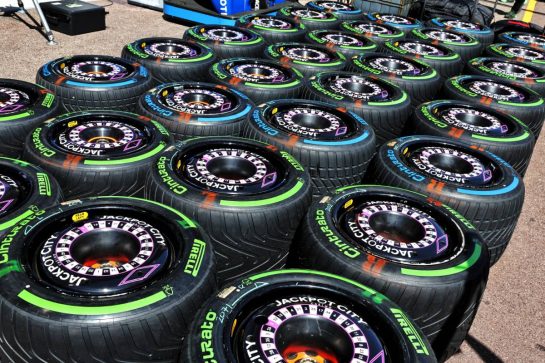 Wet and intermediate Pirelli tyres for Atlassian Williams Racing.
22.05.2025. Formula 1 World Championship, Rd 8, Monaco Grand Prix, Monte Carlo, Monaco, Preparation Day.
- www.xpbimages.com, EMail: requests@xpbimages.com © Copyright: Batchelor / XPB Images