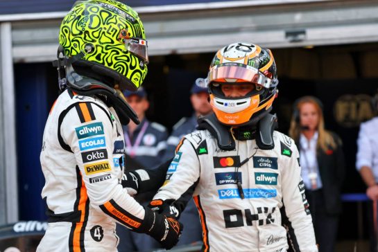 Lando Norris (GBR) McLaren celebrates his pole position in qualifying parc ferme with third placed team mate Oscar Piastri (AUS) McLaren.
24.05.2025. Formula 1 World Championship, Rd 8, Monaco Grand Prix, Monte Carlo, Monaco, Qualifying Day.
- www.xpbimages.com, EMail: requests@xpbimages.com © Copyright: Batchelor / XPB Images