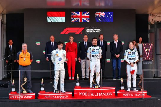 The podium (L to R): Zak Brown (USA) McLaren Executive Director; Charles Leclerc (MON) Ferrari, second; Lando Norris (GBR) McLaren, race winner; Oscar Piastri (AUS) McLaren, third.
25.05.2025. Formula 1 World Championship, Rd 8, Monaco Grand Prix, Monte Carlo, Monaco, Race Day.
- www.xpbimages.com, EMail: requests@xpbimages.com © Copyright: Batchelor / XPB Images