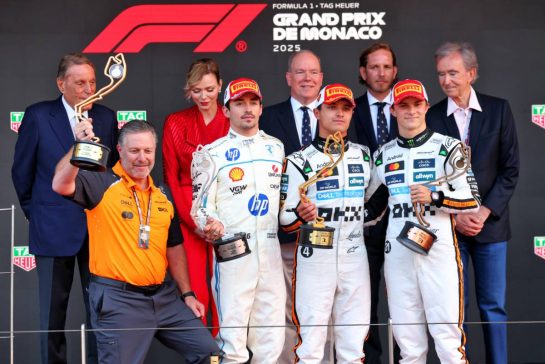 The podium (L to R): Zak Brown (USA) McLaren Executive Director; Charles Leclerc (MON) Ferrari, second; Lando Norris (GBR) McLaren, race winner; Oscar Piastri (AUS) McLaren, third.
25.05.2025. Formula 1 World Championship, Rd 8, Monaco Grand Prix, Monte Carlo, Monaco, Race Day.
- www.xpbimages.com, EMail: requests@xpbimages.com © Copyright: Batchelor / XPB Images