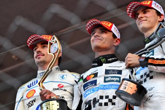 The podium (L to R): Charles Leclerc (MON) Ferrari, second; Lando Norris (GBR) McLaren, race winner; Oscar Piastri (AUS) McLaren, third.
25.05.2025. Formula 1 World Championship, Rd 8, Monaco Grand Prix, Monte Carlo, Monaco, Race Day.
- www.xpbimages.com, EMail: requests@xpbimages.com © Copyright: Price / XPB Images