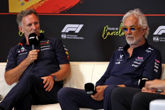 (L to R): Christian Horner (GBR) Red Bull Racing Team Principal and Flavio Briatore (ITA) Alpine F1 Team Executive Advisor in the FIA Press Conference.
30.05.2025 Formula 1 World Championship, Rd 9, Spanish Grand Prix, Barcelona, Spain, Practice Day.
- www.xpbimages.com, EMail: requests@xpbimages.com © Copyright: Rew / XPB Images