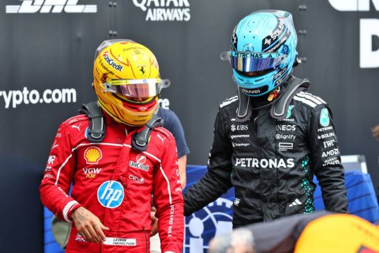 (L to R): Lewis Hamilton (GBR) Ferrari and George Russell (GBR) Mercedes AMG F1 in qualifying parc ferme.
31.05.2025. Formula 1 World Championship, Rd 9, Spanish Grand Prix, Barcelona, Spain, Qualifying Day.
- www.xpbimages.com, EMail: requests@xpbimages.com © Copyright: Batchelor / XPB Images